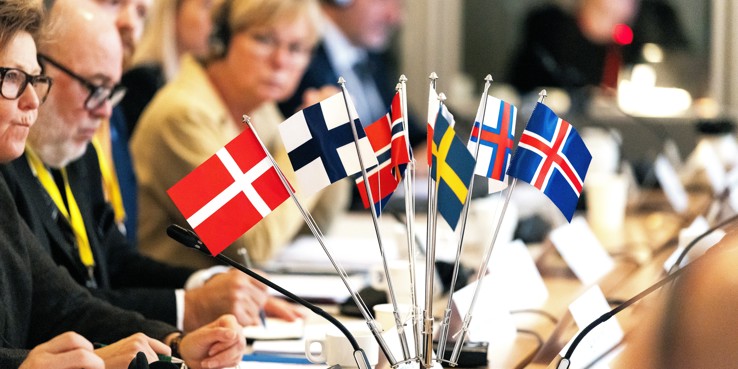 De nordiska flaggorna på Nordiska Rådets session. Foto: Nordiska ministerrådet